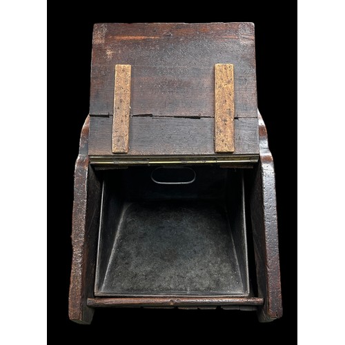 340 - Wooden coal scuttle, opening front flap, removable metal liner, brass handle and fittings, approx. s... 