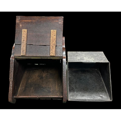 340 - Wooden coal scuttle, opening front flap, removable metal liner, brass handle and fittings, approx. s... 