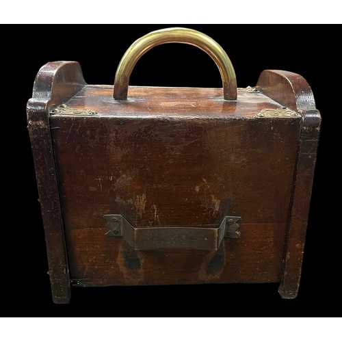 340 - Wooden coal scuttle, opening front flap, removable metal liner, brass handle and fittings, approx. s... 