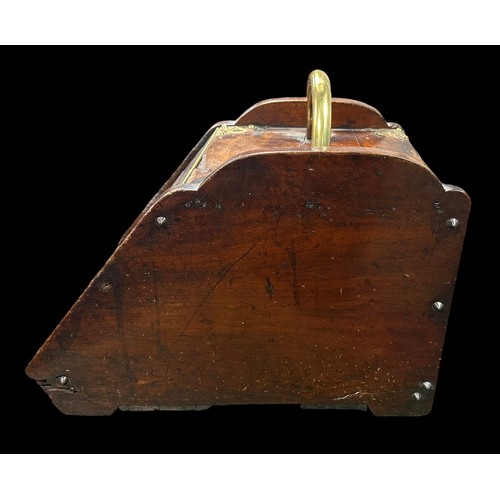 340 - Wooden coal scuttle, opening front flap, removable metal liner, brass handle and fittings, approx. s... 