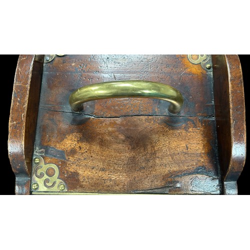 340 - Wooden coal scuttle, opening front flap, removable metal liner, brass handle and fittings, approx. s... 