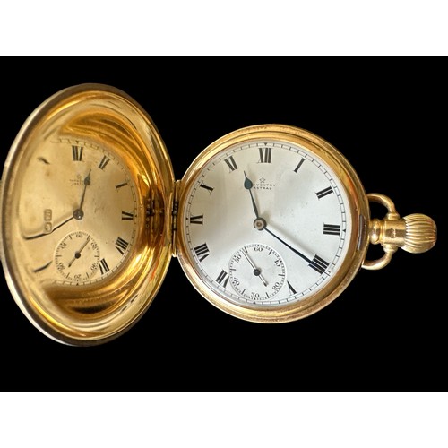 107 - 18ct gold full hunter pocket watch by Astral of Coventry. White enamel dial with Roman numeral hour ... 