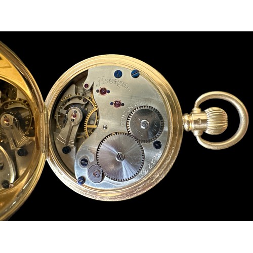 107 - 18ct gold full hunter pocket watch by Astral of Coventry. White enamel dial with Roman numeral hour ... 