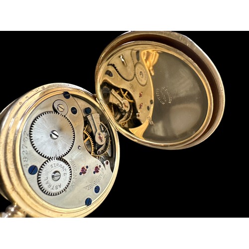 107 - 18ct gold full hunter pocket watch by Astral of Coventry. White enamel dial with Roman numeral hour ... 