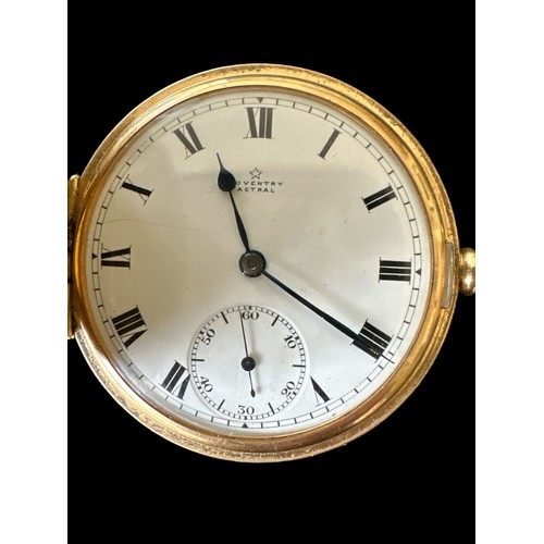 107 - 18ct gold full hunter pocket watch by Astral of Coventry. White enamel dial with Roman numeral hour ... 