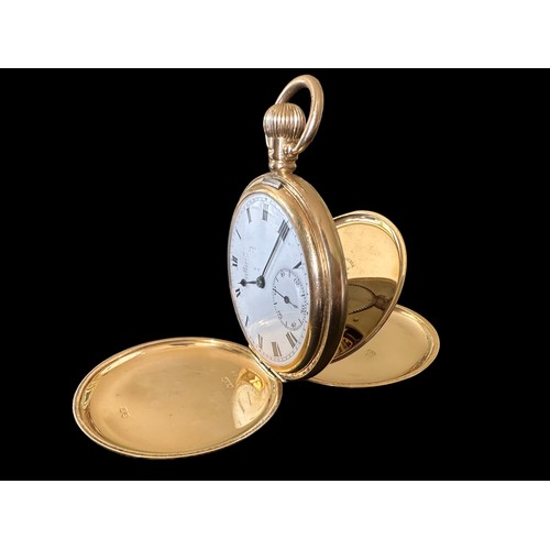 107 - 18ct gold full hunter pocket watch by Astral of Coventry. White enamel dial with Roman numeral hour ... 