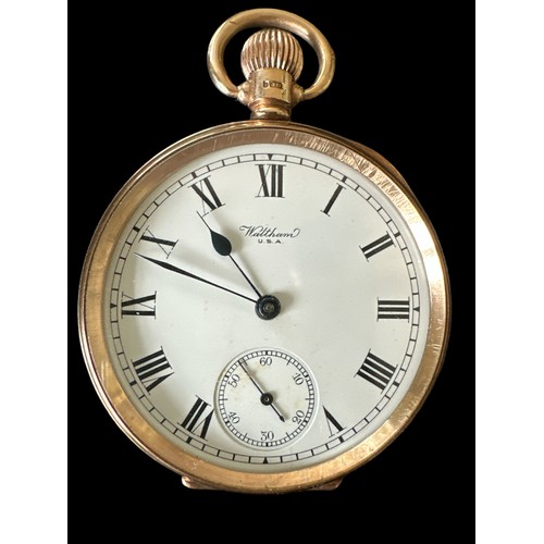 106 - A Waltham 9ct gold open face pocket watch, 15 jewels. No. 22537930.  Case by Dennison, Birmingham 19... 