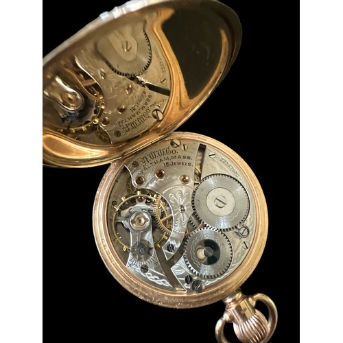 106 - A Waltham 9ct gold open face pocket watch, 15 jewels. No. 22537930.  Case by Dennison, Birmingham 19... 