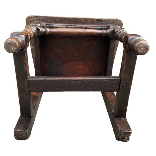 334 - 17th / 18th Century Oak Convent / Monastery Nuns Chair, carved back, turned onion feet, board seat. ... 