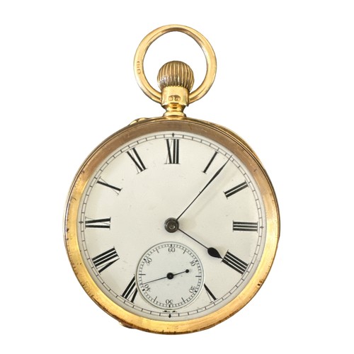 99 - An 18ct gold open face pocket watch with white enamel dial, Roman numeral hour markings and subsidia... 