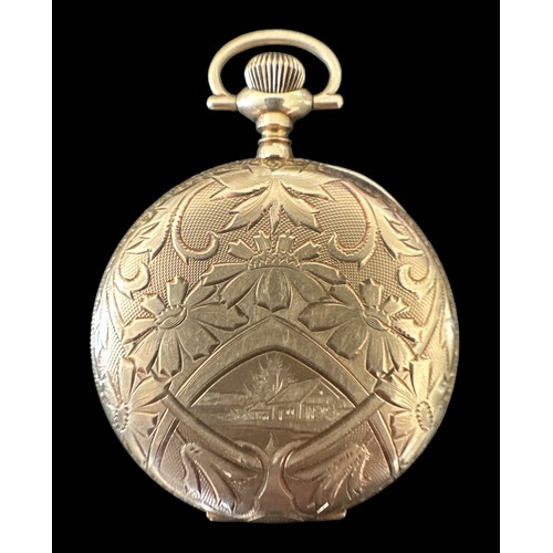 100 - A full hunter gold pocket watch, stamped 585 14K with an engraved case. White enamel dial with Arabi... 