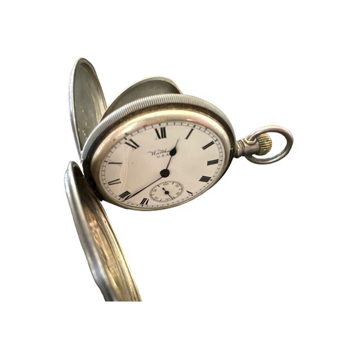 102 - An American Waltham full hunter pocket watch with white enamel dial, Roman numeral markings and subs... 