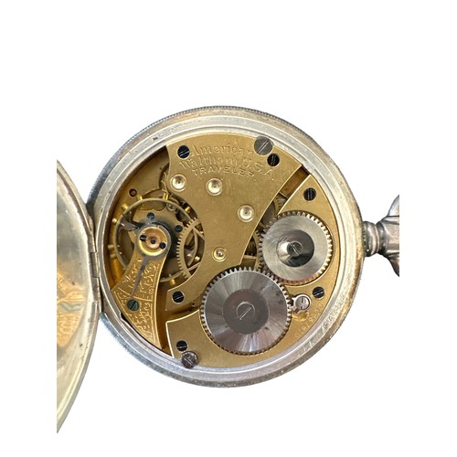 102 - An American Waltham full hunter pocket watch with white enamel dial, Roman numeral markings and subs... 