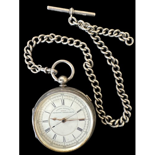 104 - A silver  'Centre Seconds Improved Chronograph' open face pocket watch, No. 71915.  White enamel dia... 