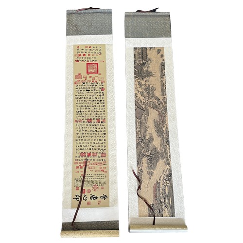 299 - Modern Chinese boxed pair of silk scrolls, from the Cultural Gifts Series of Silk, Riverside Scene a... 