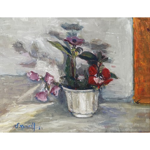 428 - S. Vantill, Oil on canvas still life painting of a flower pot with purple and red flowers, next to a... 