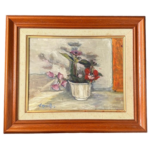 428 - S. Vantill, Oil on canvas still life painting of a flower pot with purple and red flowers, next to a... 