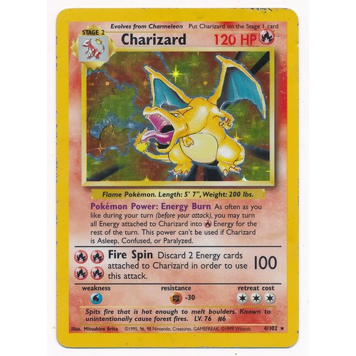 392 - Charizard 4/102 card from Pokemon Base Set. This is the Holo Charizard card. Card is in good conditi... 