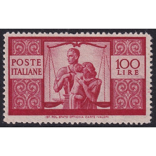 72 - Italy 1946 Work, Justice and Family 100 lire carmine (SG 669), UM, Cat Val £550.