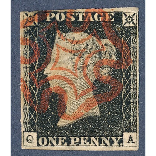 101 - Great Britain, 1840 1d Black, QA lettering, Used with Red Maltese Cross cancellation, three clear ma... 