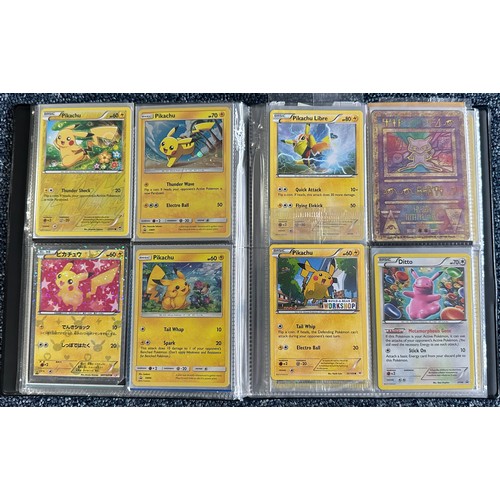 400 - Folder containing mainly Pikachu Pokemon cards. Pikachu cards from a variety of sets. Rares, holo's,... 