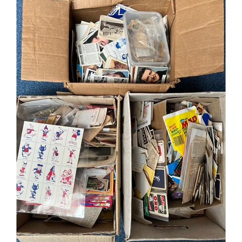 369 - Accumulation of trade cards, three full boxes of mixed unsorted trade cards in mixed condition. Need... 