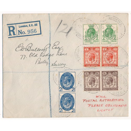 108 - Great Britain 1929 First Day Cover PUC low value set of four in pairs U on plain London registered F... 