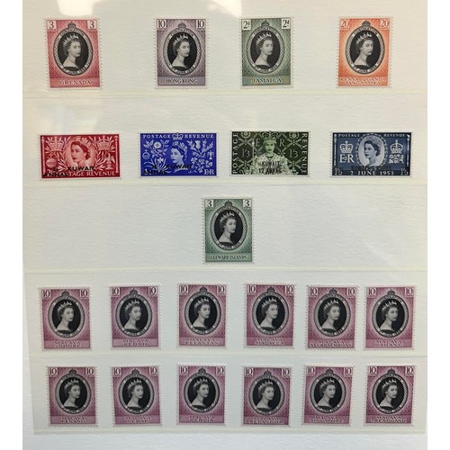 21 - British Commonwealth 1953 Coronation complete M (many UM) on leaves. Qty 106, Cat £150 as UM. Qty 10... 