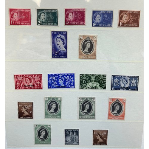 21 - British Commonwealth 1953 Coronation complete M (many UM) on leaves. Qty 106, Cat £150 as UM. Qty 10... 