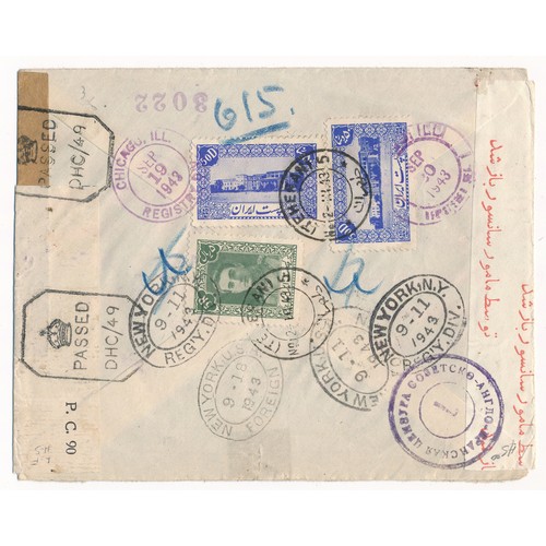 56 - Iran / Persia, 1943 Overland Registered Airmail Cover, from Iran to USA (Radio Television Corporatio... 