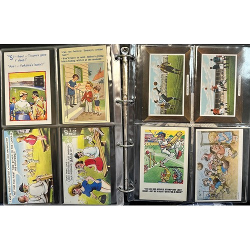 286 - Postcards - Cricket & Football (56), in maroon album, mainly printed comic cards with odd RP.