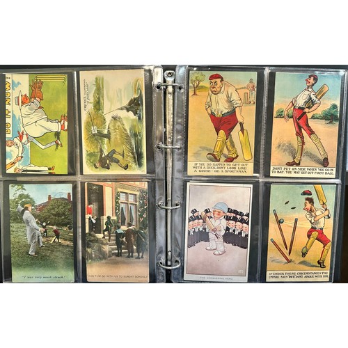 286 - Postcards - Cricket & Football (56), in maroon album, mainly printed comic cards with odd RP.