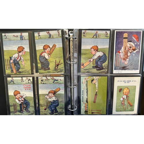 286 - Postcards - Cricket & Football (56), in maroon album, mainly printed comic cards with odd RP.