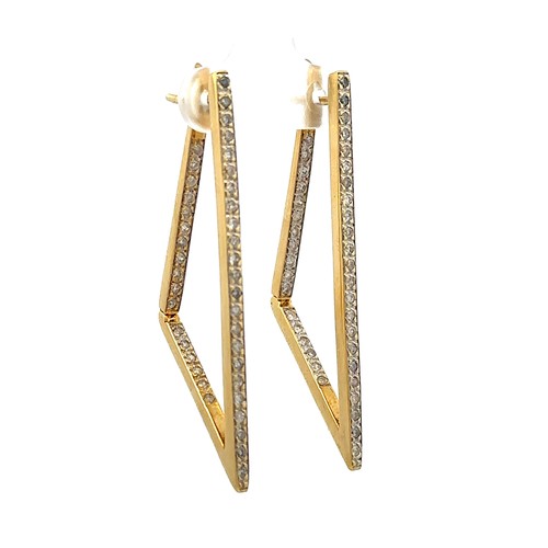 28 - Triangular-shaped hinged earrings set with diamonds, stamped 750.  Approx 1.6ct diamonds, 52mm in le... 