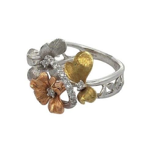 74 - An unusual and striking tri-colour 18ct gold and diamond flowers ring. Split twisted shank with leaf... 