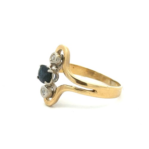 63 - 18ct yellow gold, sapphire and diamond ring in an unusual setting. Size K. Weight 3.05g.
Please see ... 