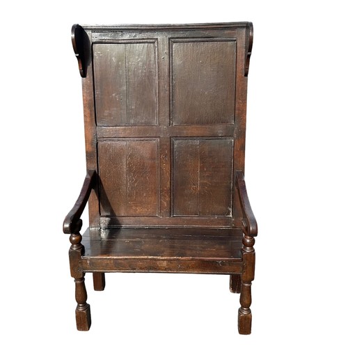 405 - 18th Century English oak settle, circa 1725 made from a wall panel, later seat lid. Width 94cm, dept... 