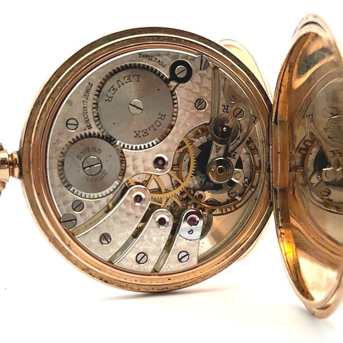 156 - A 9ct half hunter gold pocket watch with Rolex movement. Case diameter approx 48mm. Weight 96.5g.
Pl... 