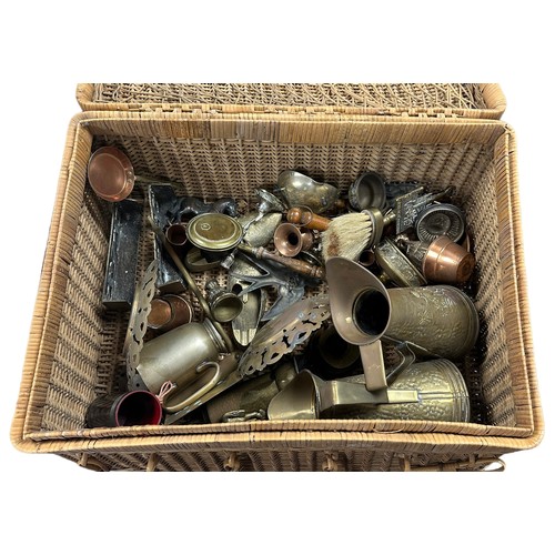 263 - Various Antique Brassware in a wicker basket. Various items include mantle brushes, jugs, miniature ... 