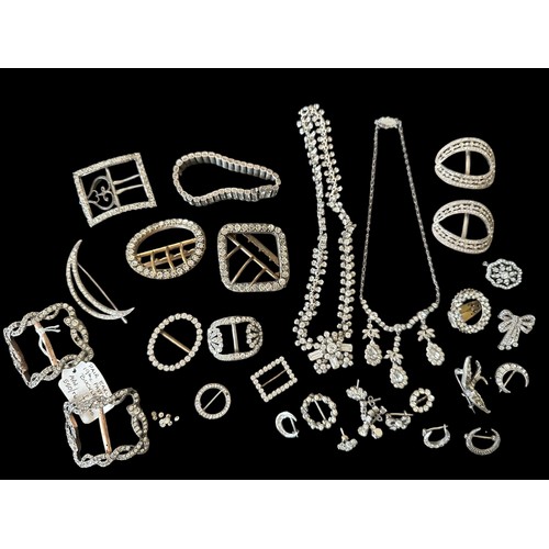 65 - A number of white metal and silver paste and marcasite jewellery items. Also some vintage paste buck... 