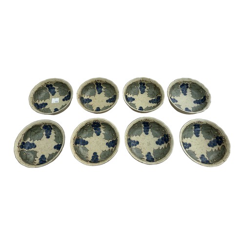 357 - Set of eight Chinese hand painted small bowls, with berries and leaves interior design and blue ring... 