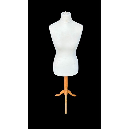 292 - Dressmakers mannequin, polystyrene with cover on wooden stand with three feet. Height 135cm.