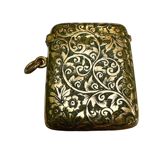 210 - Rolled Gold vesta case, with foliate spiral engraved decoration, with ring pull. Space in decoration... 