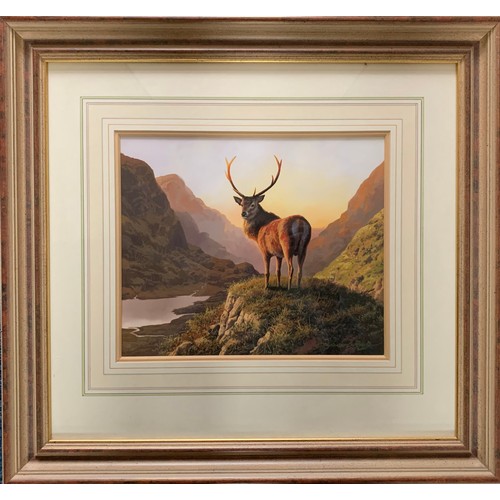 387 - Adrian Rigby (British, b. 1962), Stag, gouache on card painting of a Stag in a mountainous landscape... 