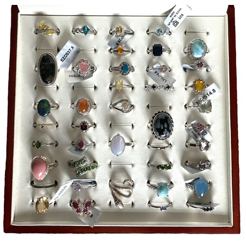 81 - A polished wooden Gemporia ring box containing 41 sterling silver and gem set rings, many with their... 