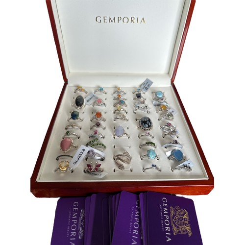 81 - A polished wooden Gemporia ring box containing 41 sterling silver and gem set rings, many with their... 