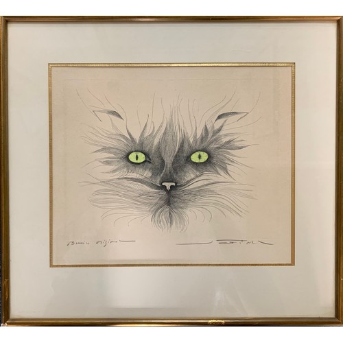 374 - Jean Pierre Orinel (French, Contemporary), hand coloured etching on paper of a cats face. Signed low... 