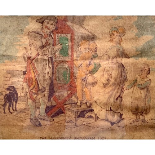 287 - ‘The Halfpenny Showman, 1805’, early 19th Century embroidery picture, Framed and glazed. 25cm x 20cm... 