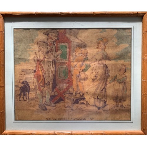 287 - ‘The Halfpenny Showman, 1805’, early 19th Century embroidery picture, Framed and glazed. 25cm x 20cm... 