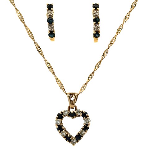 85 - A sapphire and white stone heart necklace and earrings set. Pendant and chain hallmarked 9ct gold. E... 